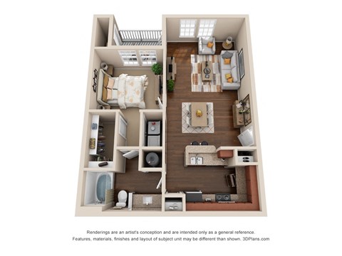 Floor plan for 1 bed, 1 bath, 843 sqft